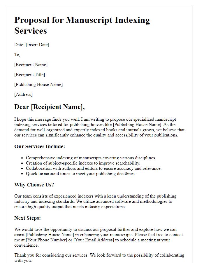 Letter template of manuscript indexing service proposal for publishing houses