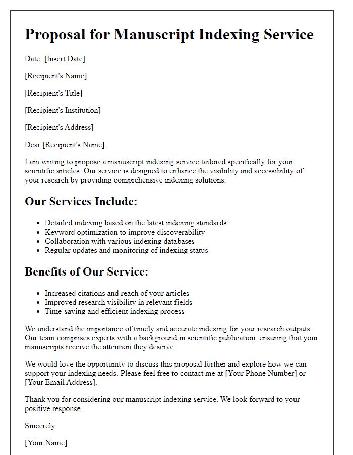 Letter template of manuscript indexing service proposal for scientific articles