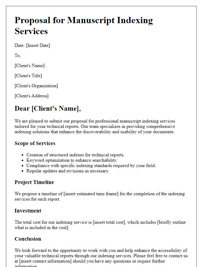 Letter template of manuscript indexing service proposal for technical reports