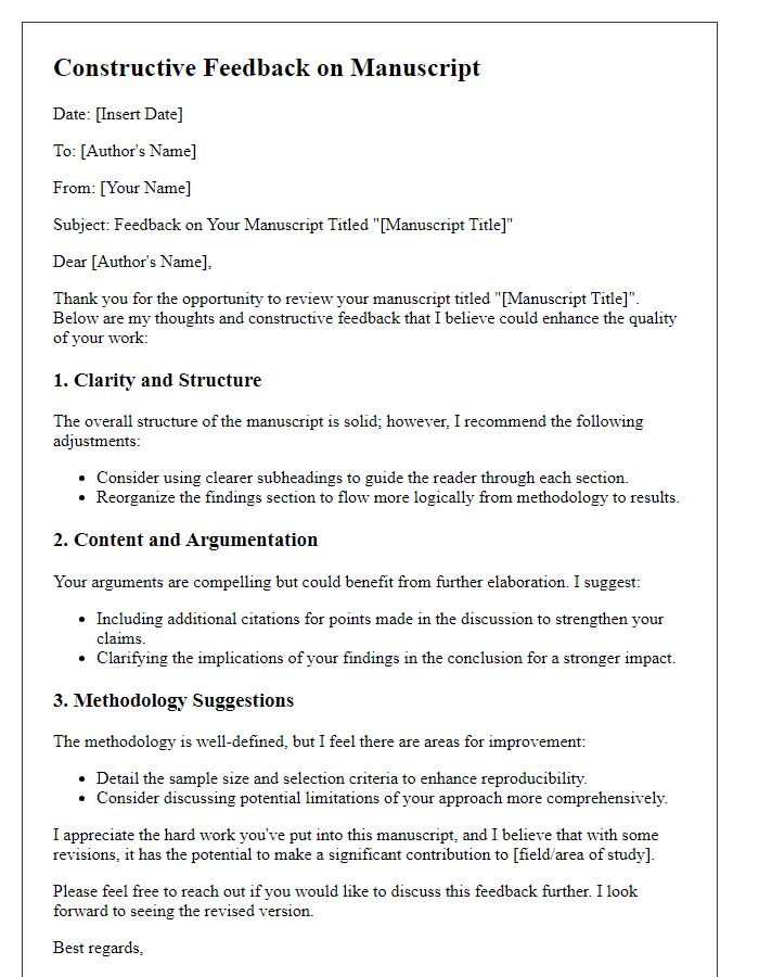 Letter template of constructive feedback for manuscript enhancement.