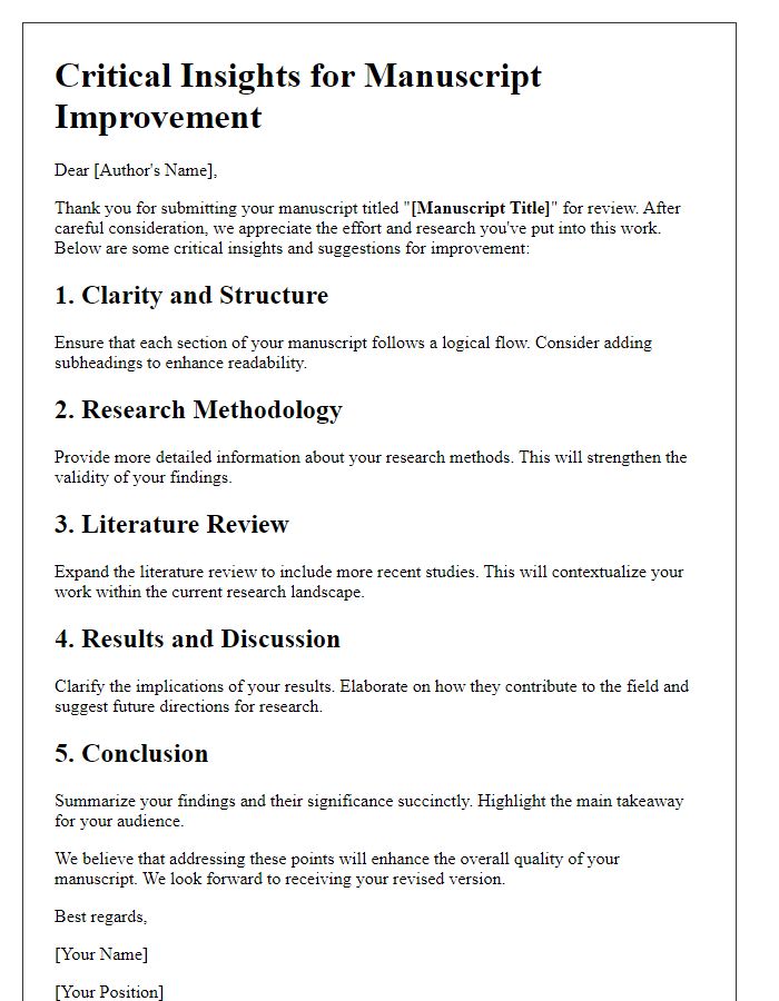 Letter template of critical insights for manuscript improvement.