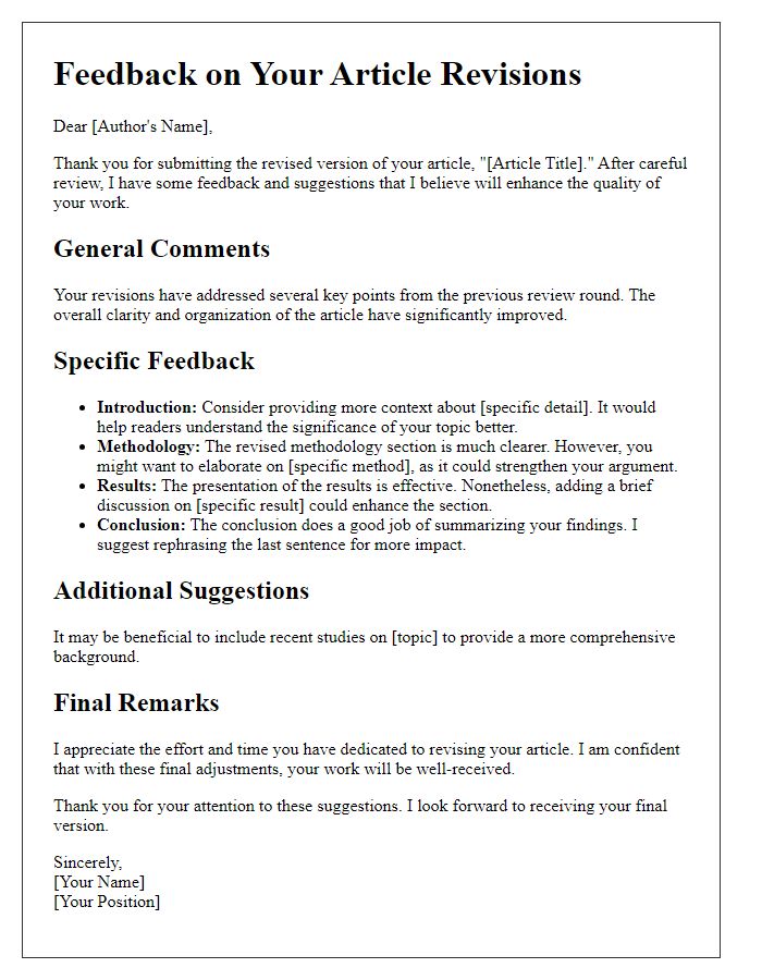 Letter template of detailed feedback on article revisions.