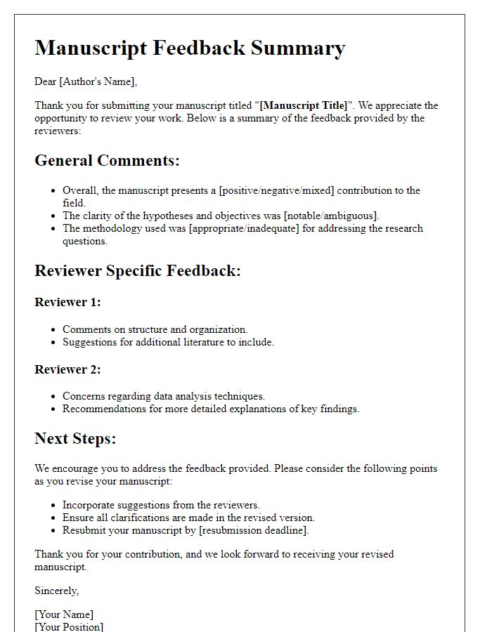 Letter template of manuscript feedback summary for authors.