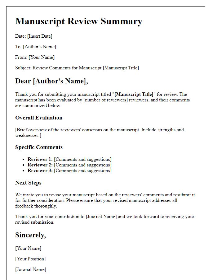 Letter template of summary for author manuscript review comments.