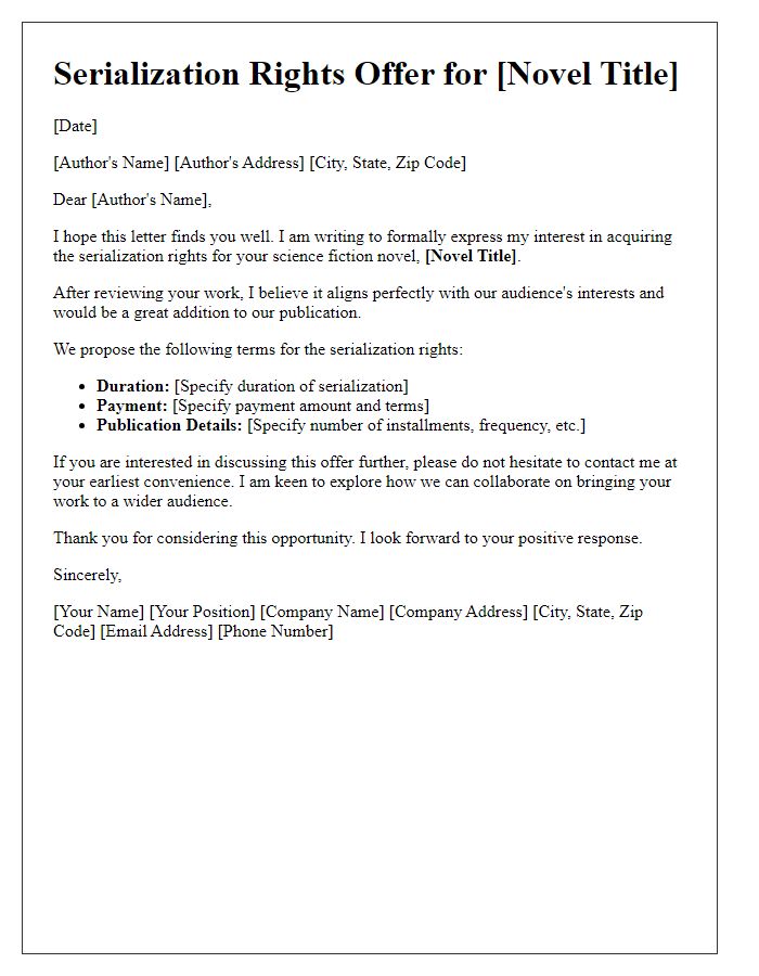 Letter template of serialization rights offer for a science fiction novel