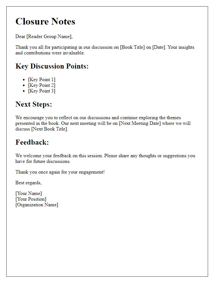 Letter template of closure notes for reader group discussion facilitation