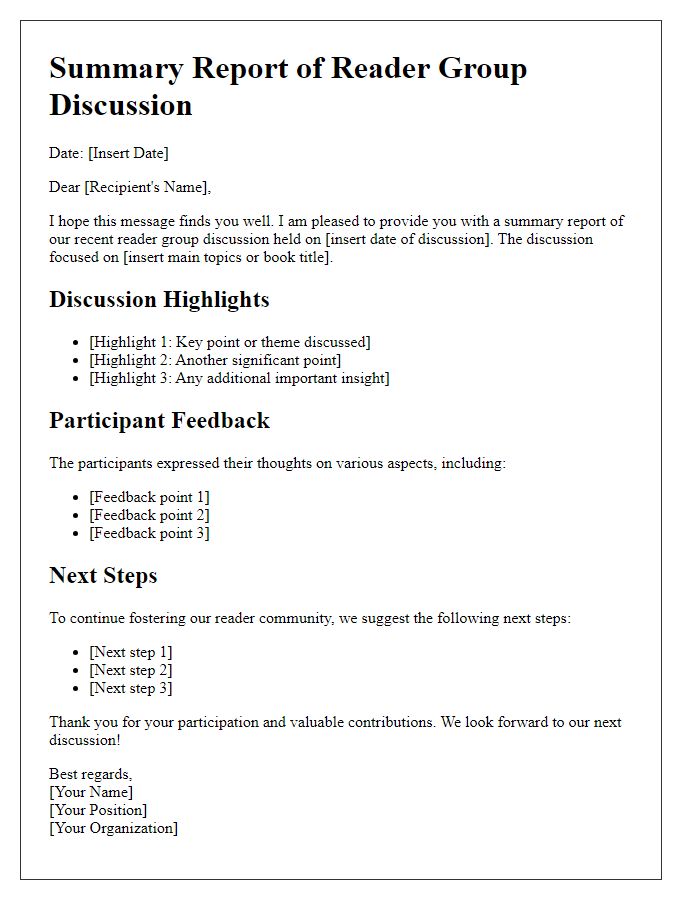 Letter template of summary report for reader group discussion facilitation