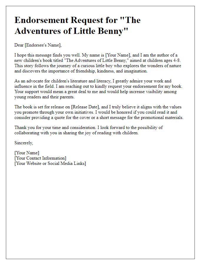 Letter template of endorsement request for a children's book