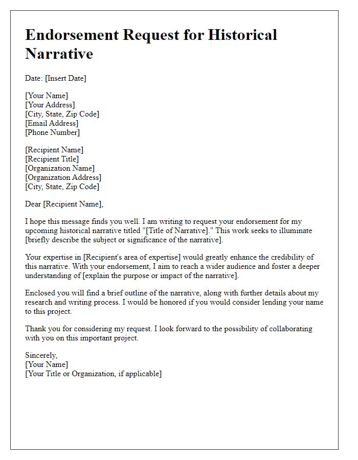 Letter template of endorsement request for a historical narrative