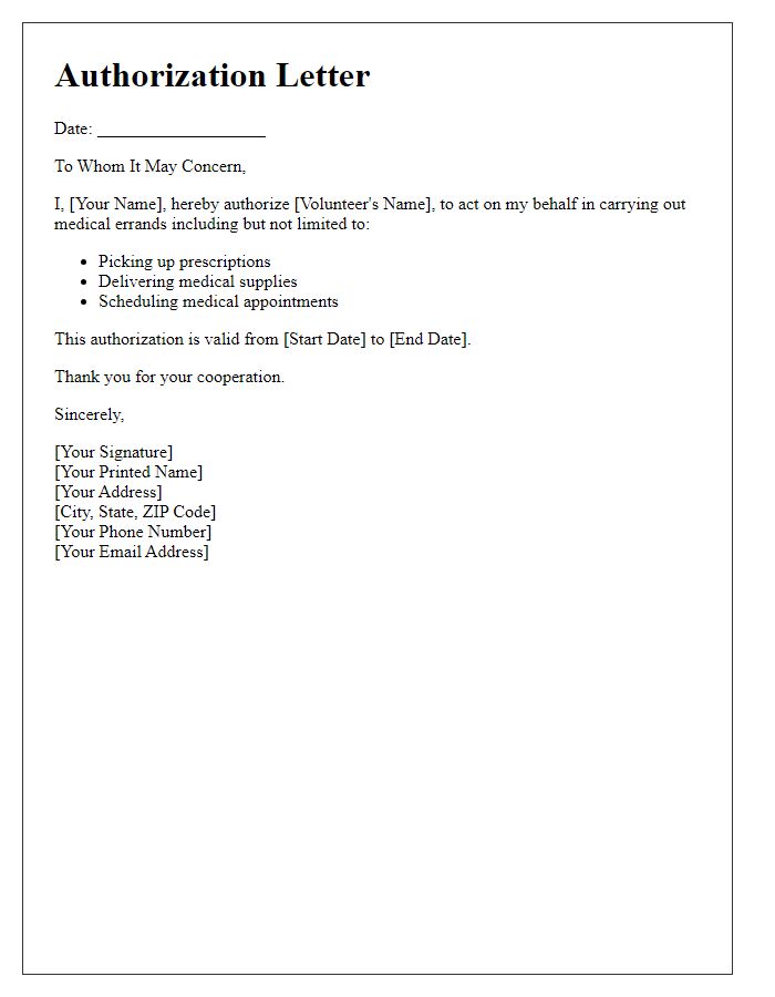 Letter template of authorization for volunteer medical errands.