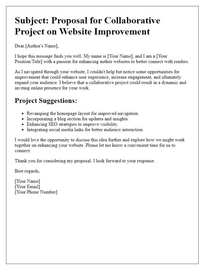 Letter template of collaborative project suggestion for author website improvement