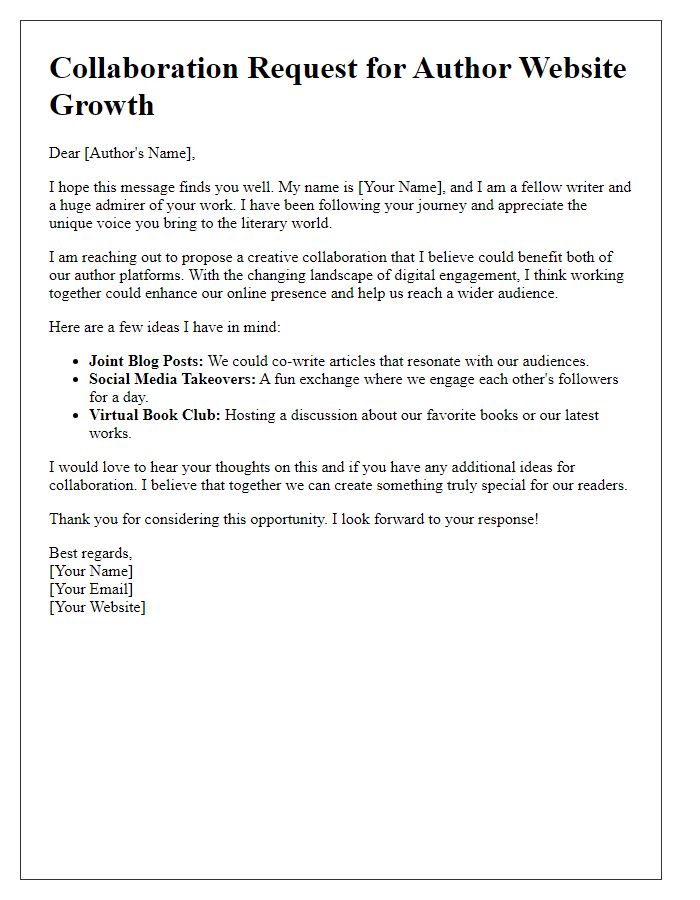 Letter template of creative collaboration request for author website growth