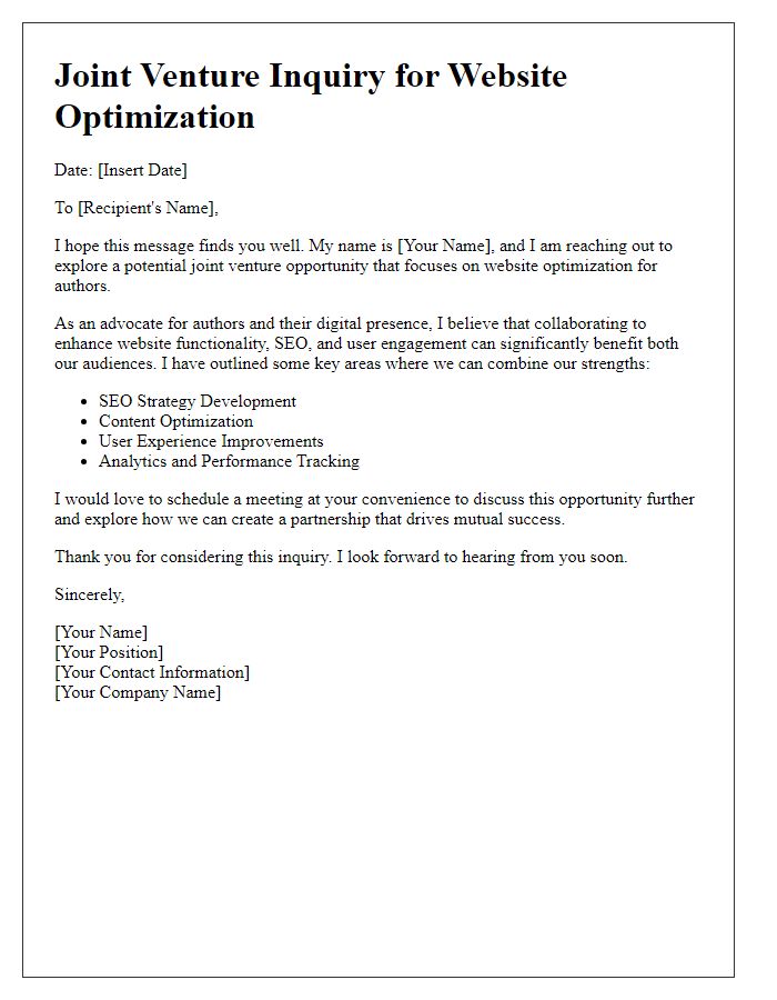 Letter template of joint venture inquiry for author website optimization