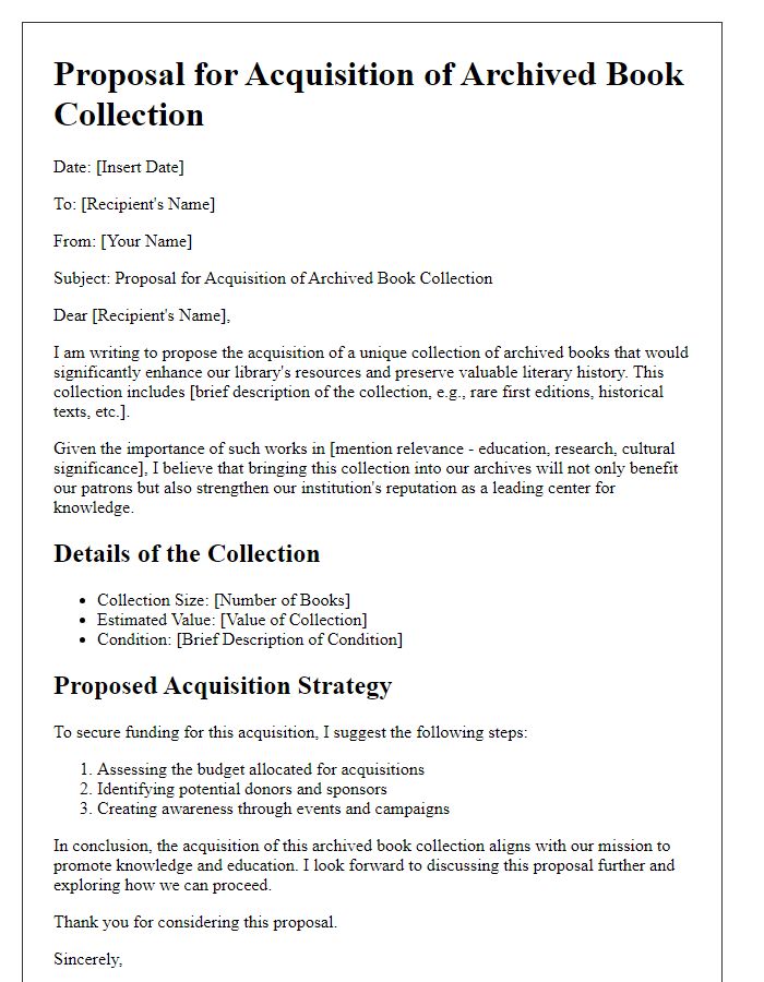 Letter template of archived book collection acquisition proposal