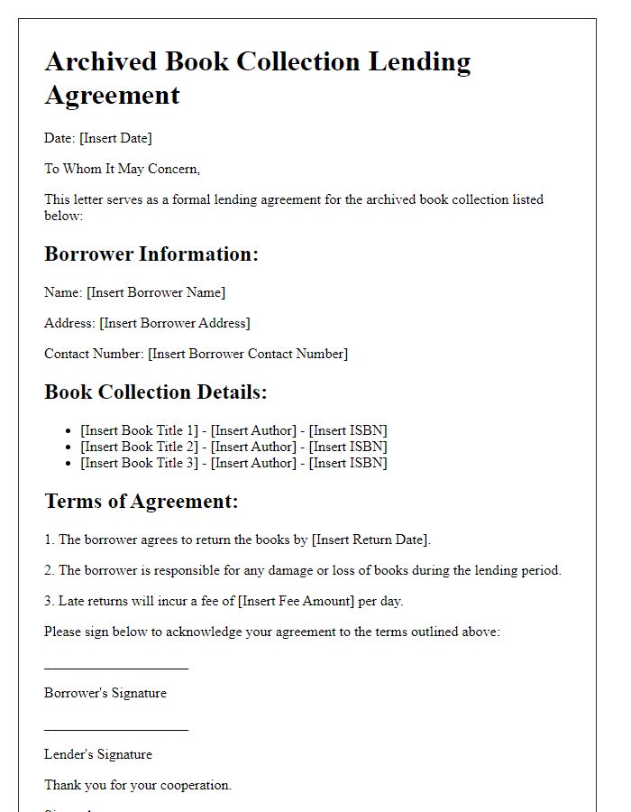 Letter template of archived book collection lending agreement