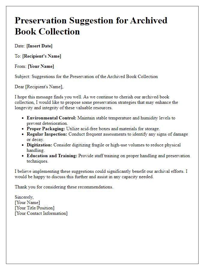 Letter template of archived book collection preservation suggestion