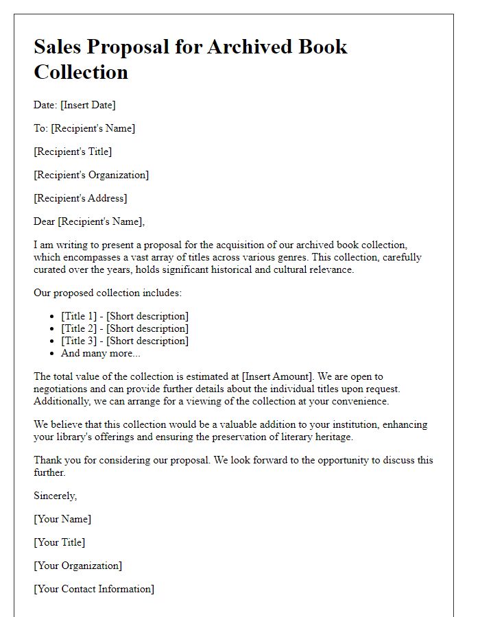 Letter template of archived book collection sales proposal