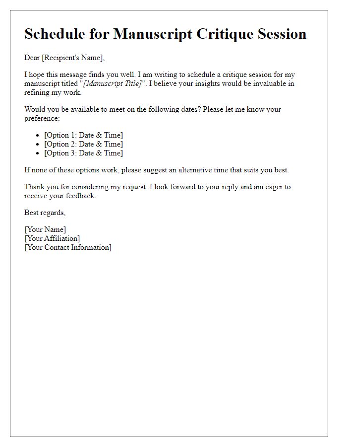 Letter template of scheduling a manuscript critique session