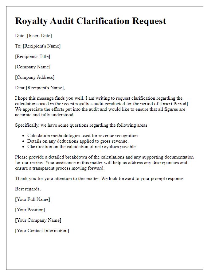 Letter template of royalties audit clarification regarding calculations.