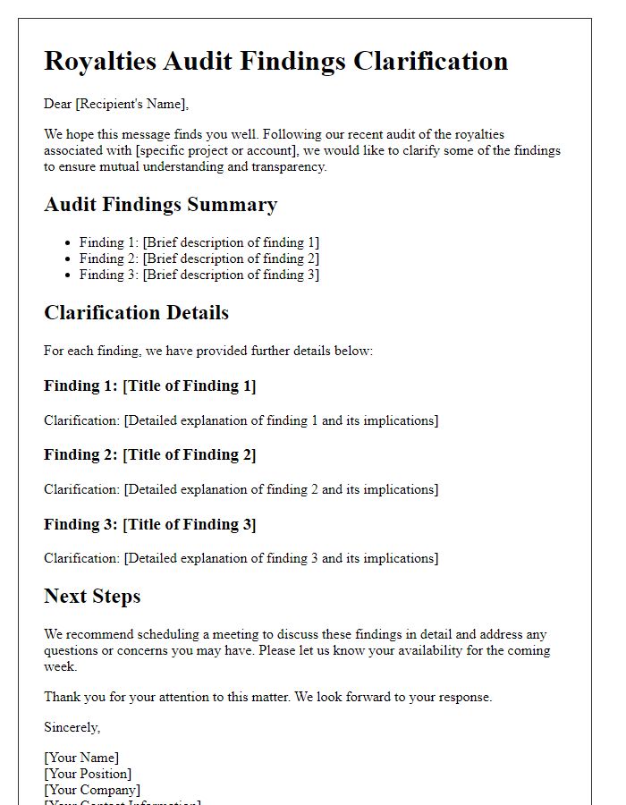 Letter template of royalties audit findings clarification for better understanding.