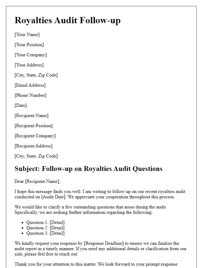 Letter template of royalties audit follow-up for outstanding questions.