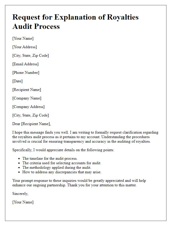 Letter template of royalties audit process explanation request.