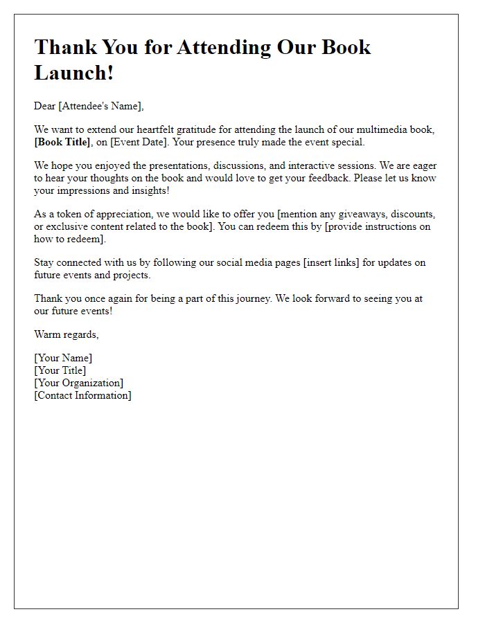 Letter template of multimedia book launch follow-up to attendees.