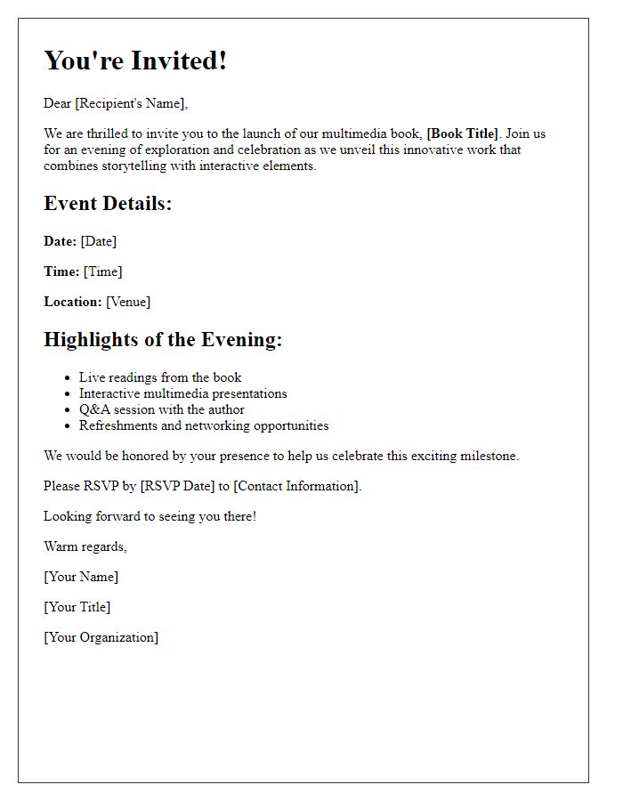 Letter template of multimedia book launch invitation.