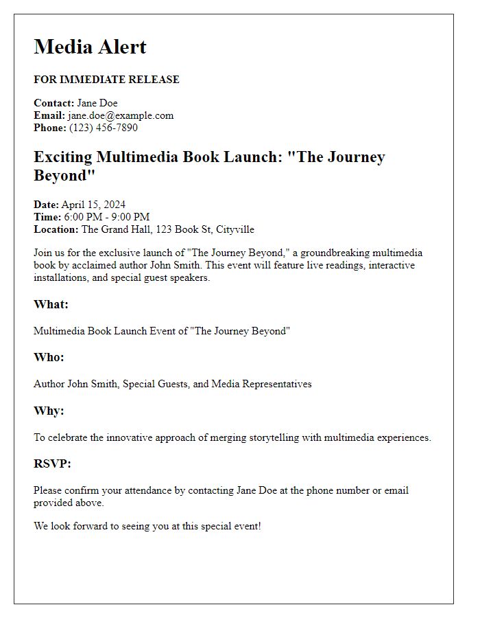 Letter template of multimedia book launch media alert.