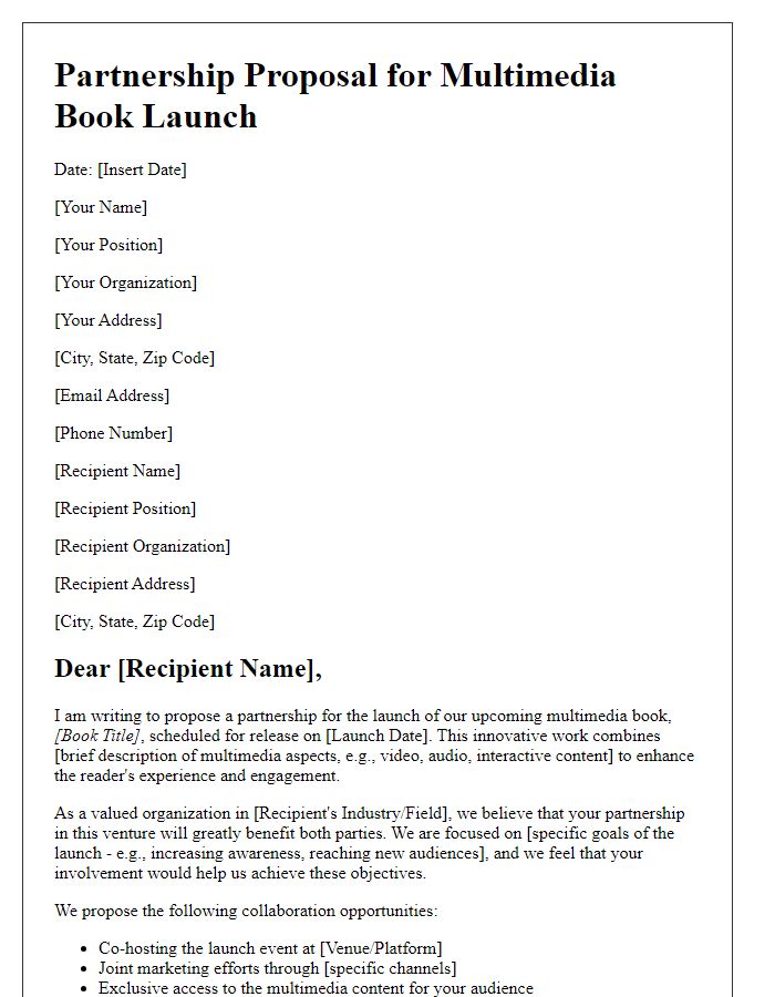 Letter template of multimedia book launch partnership proposal.