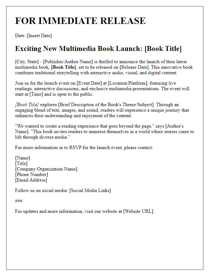 Letter template of multimedia book launch press release.