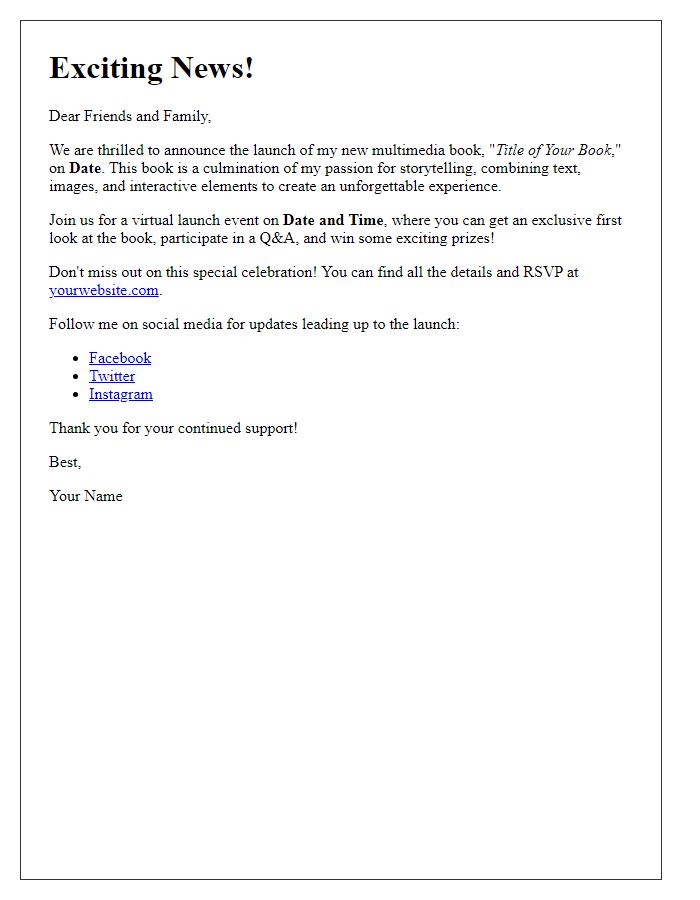 Letter template of multimedia book launch social media announcement.