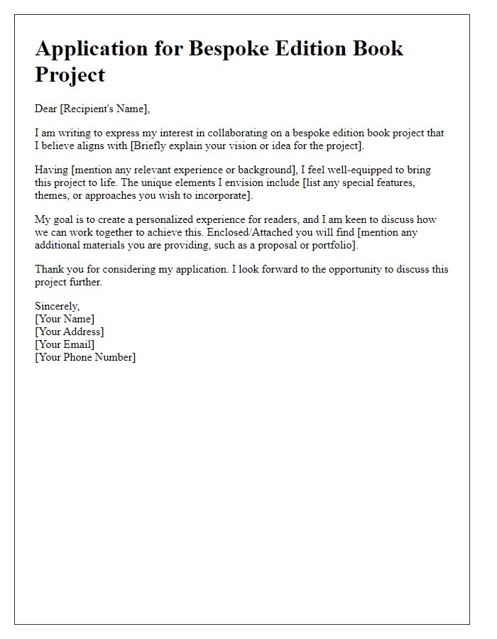 Letter template of application for a bespoke edition book project