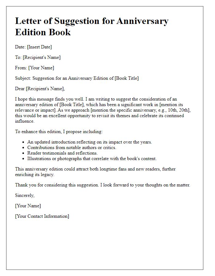 Letter template of suggestion for an anniversary edition book