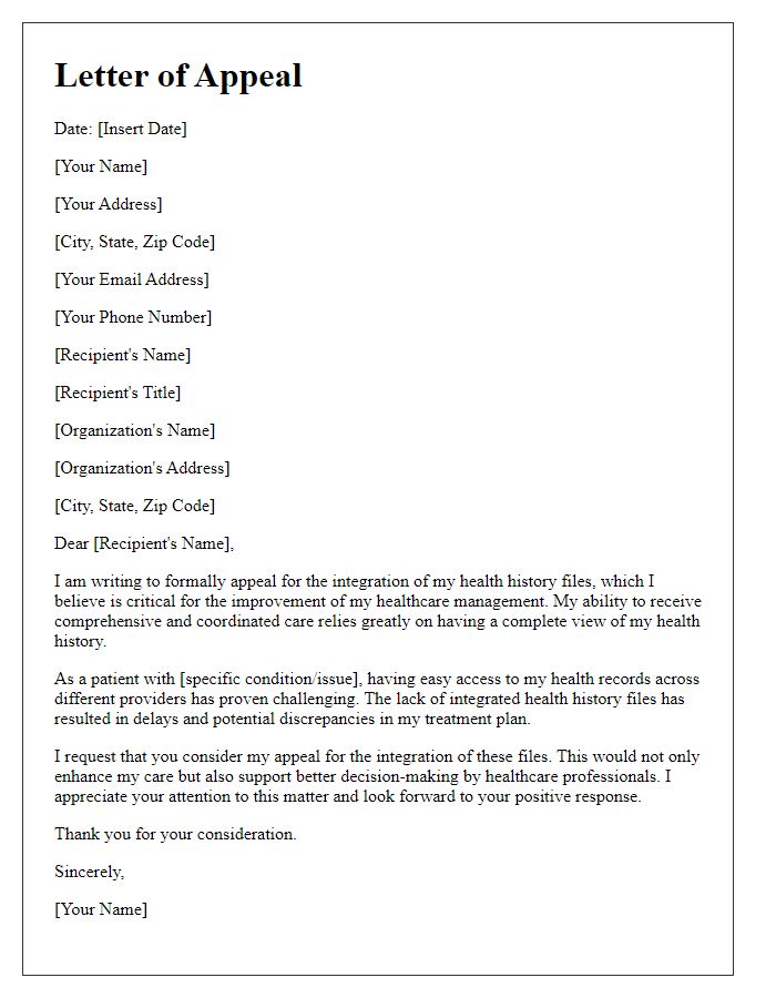 Letter template of appeal for integrated health history files