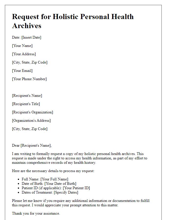 Letter template of request for holistic personal health archives