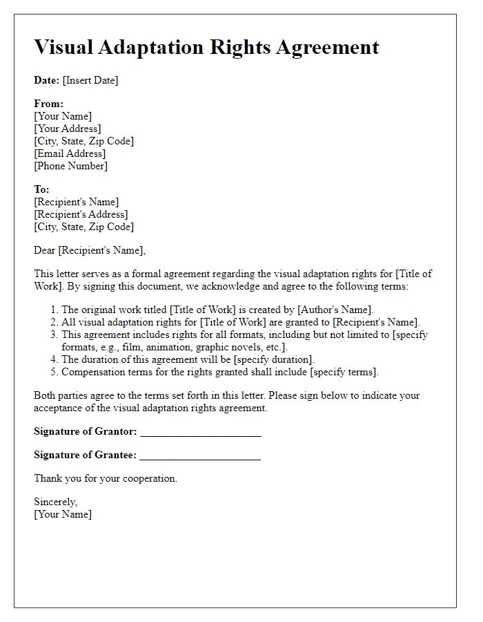 Letter template of visual adaptation rights agreement