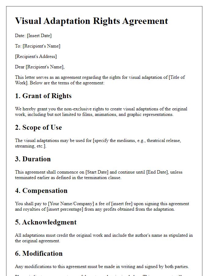 Letter template of visual adaptation rights terms