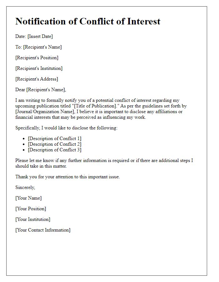 Letter template of notification about conflicts of interest in publication