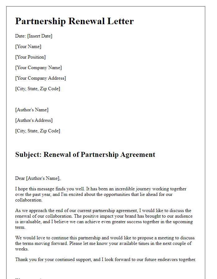 Letter template of partnership renewal for ongoing author-brand collaboration