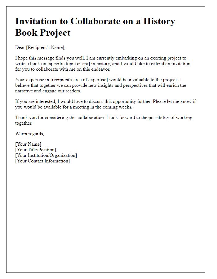 Letter template of invitation to collaborate on a history book project