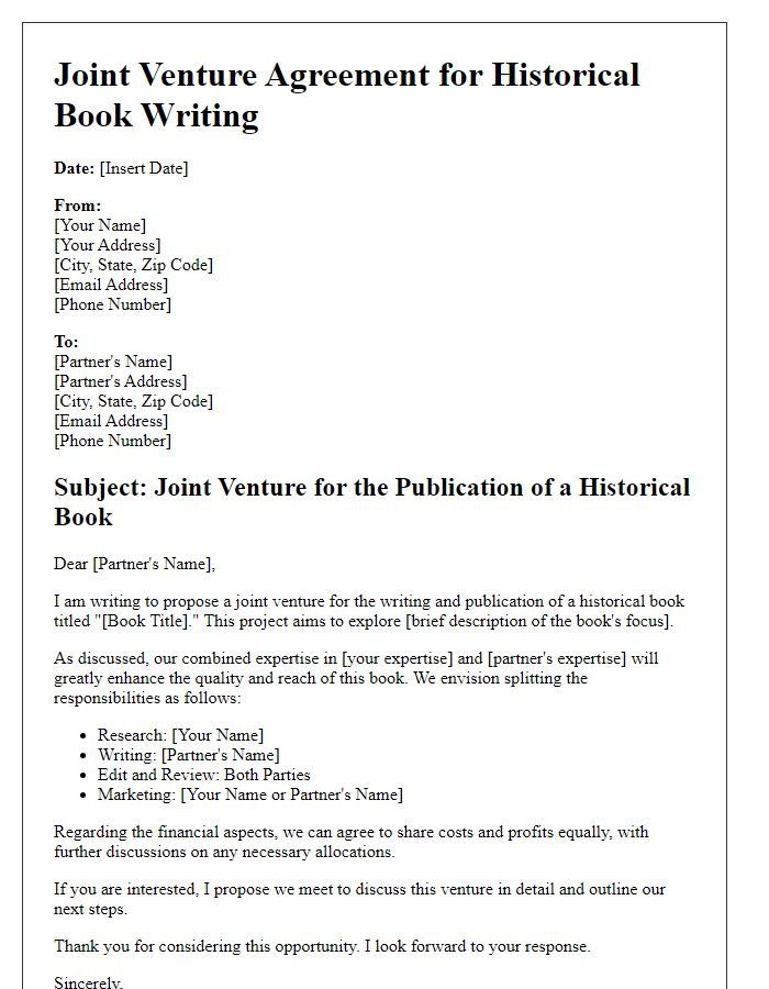 Letter template of joint venture for historical book writing