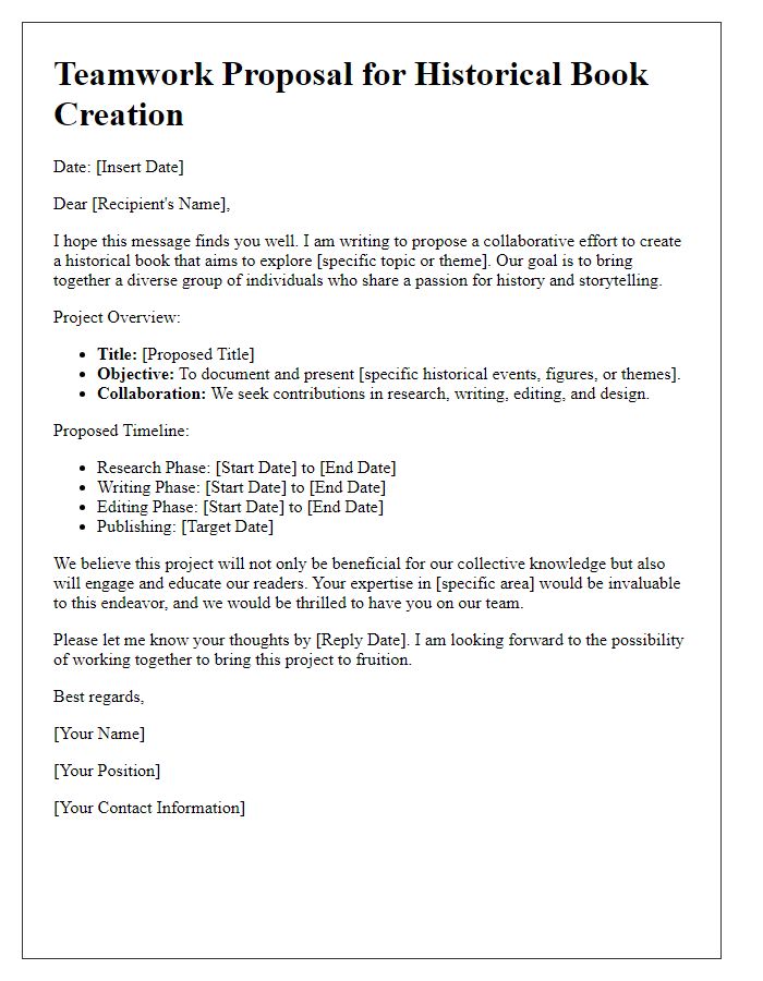 Letter template of teamwork proposal for historical book creation