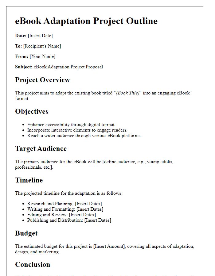 Letter template of ebook adaptation project outline