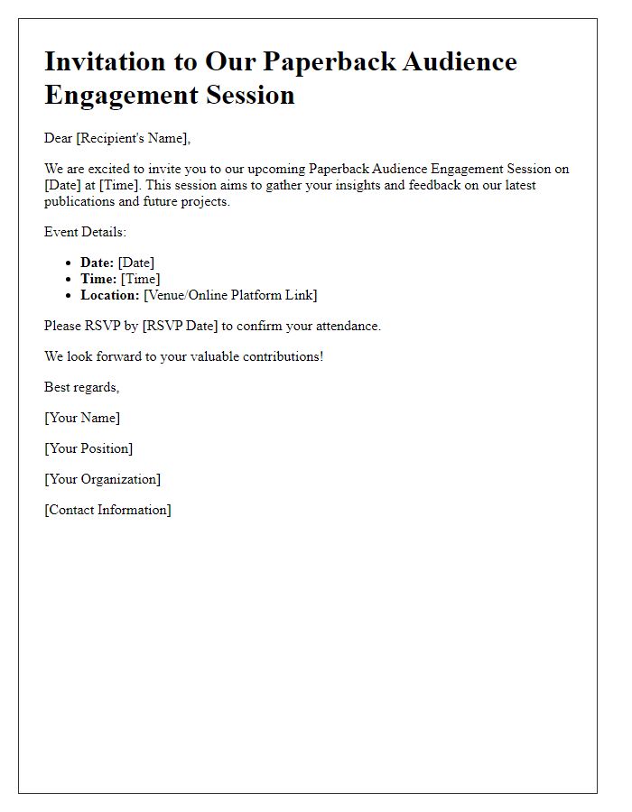 Letter template of paperback audience engagement session