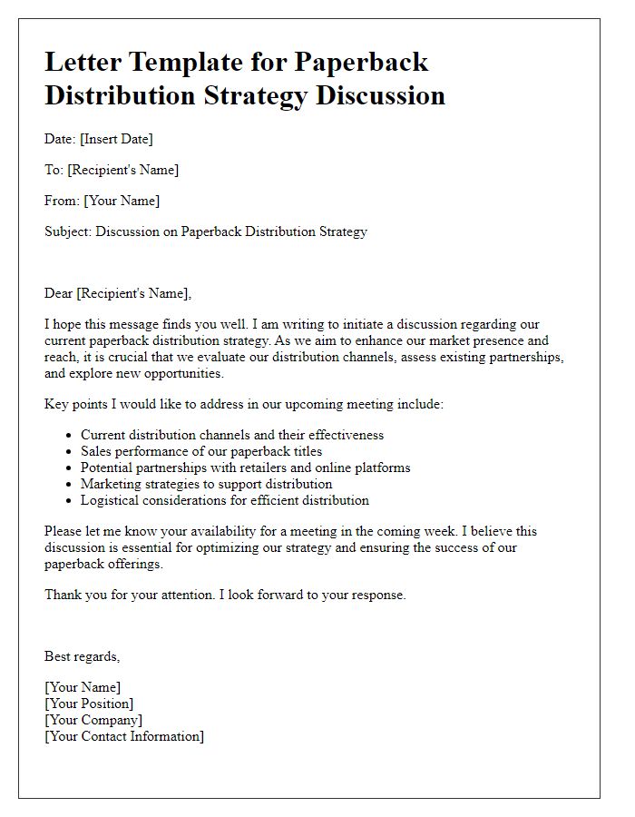 Letter template of paperback distribution strategy discussion