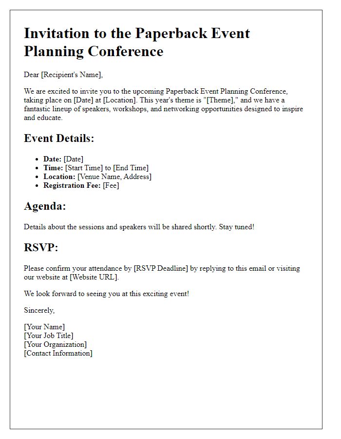 Letter template of paperback event planning conference