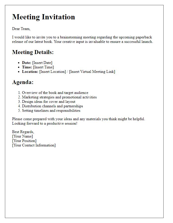 Letter template of paperback release brainstorming meeting