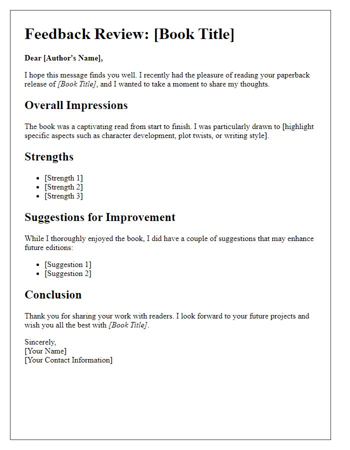 Letter template of paperback release feedback review