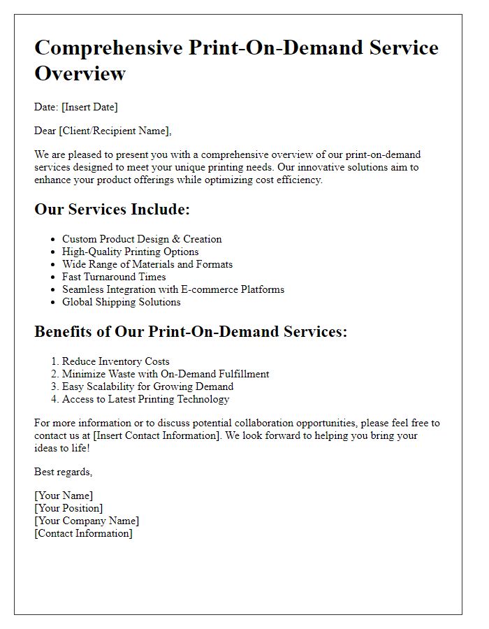 Letter template of comprehensive print-on-demand service overview